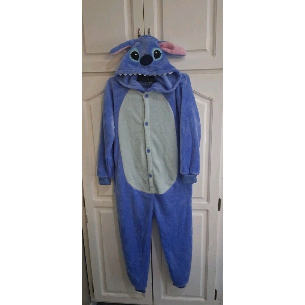 Stitch Costume Kids Size 7/8 Years Blue Fleece Hooded One Piece - Picture 2 of 7